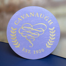 Load image into Gallery viewer, This Cavanaugh Hall Wall Sign is crafted of stained, laser-engraved birch, measures 16" in diameter.