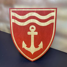 Load image into Gallery viewer, This Baumer Hall Shield is crafted of red stained, laser-engraved birch. It measures 17" x 14".