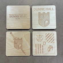 Load image into Gallery viewer, This Dunne Hall Coaster Set is crafted from birch, laser-engraved, and finished with our 5-step process! The coasters measure 3.5" x 3.5".