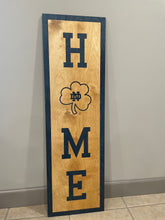 Load image into Gallery viewer, Our 40" x 12" x 1/2" Premium Notre Dame HOME Vertical Sign comes in two color ways: Gold on Blue