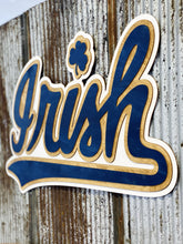 Load image into Gallery viewer, Our Premium Notre Dame Blue IRISH Wall Art will make an awesome addition to any home. It is assembled by hand with three separate colors of stained wood: whitewash, golden oak, and Notre Dame blue.