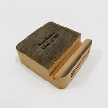 Load image into Gallery viewer, Our Stadium Bench Wood Business Card Holder measures 4" x 4" x 1 1/2" and features your name, class year, and the University mark.