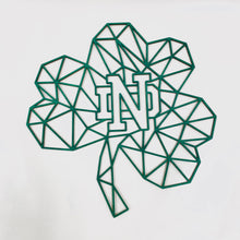 Load image into Gallery viewer, This Green Geometric Notre Dame Shamrock Wall art measures 24" x 24" x 1/4" and is laser cut from green-stained birch.