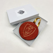 Load image into Gallery viewer, This Carroll Hall Christmas Ornament is made from red-stained birch, laser-engraved, and is 3.25" in diameter.