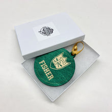 Load image into Gallery viewer, This Fisher Hall Christmas Ornament is made from green stained birch, laser-engraved, and is 3.25" in diameter.