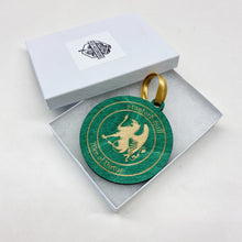 Load image into Gallery viewer, This Stanford Hall Christmas Ornament is made from green-stained birch, laser-engraved, and is 3.25" in diameter.