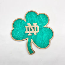 Load image into Gallery viewer, This Premium Notre Dame Monogram on Green Shamrock Wall Art is currently available in two sizes: Small (12"), Medium (18") and Large (30").