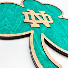 Load image into Gallery viewer, This Premium Notre Dame Monogram on Green Shamrock Wall Art is currently available in two sizes: Small (12"), Medium (18") and Large (30").