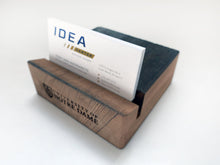 Load image into Gallery viewer, Our Stadium Bench Wood Business Card Holder measures 4" x 4" x 1 1/2" and features your name, class year, and the University mark.