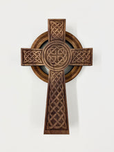Load image into Gallery viewer, This beautiful Celtic Cross is laser cut and engraved from solid walnut hardwood and measures 6" x 9" x 2".