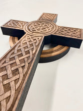 Load image into Gallery viewer, This beautiful Celtic Cross is laser cut and engraved from solid walnut hardwood and measures 6" x 9" x 2".