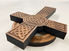 Load image into Gallery viewer, This beautiful Celtic Cross is laser cut and engraved from solid walnut hardwood and measures 6" x 9" x 2".