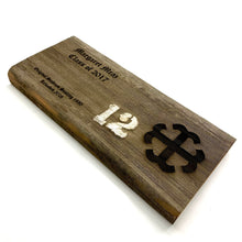 Load image into Gallery viewer, Saint Mary's College Stadium Bench Plaques are engraved with your chosen name, class year (or year became a fan) and the Saint Mary's Cross. The 16" x 7 1/2" plaque is also engraved with the following text: "Original Stadium Seating 1930 Removed 2016".