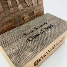 Load image into Gallery viewer, This Notre Dame Stadium Wood Coaster Holder measures 4" x 4" x 1.5". It is crafted from reclaimed Notre Dame Stadium bench wood and engraved with the University mark.