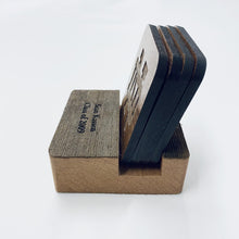 Load image into Gallery viewer, This Notre Dame Stadium Wood Coaster Holder measures 4" x 4" x 1.5". It is crafted from reclaimed Notre Dame Stadium bench wood and engraved with the University mark.