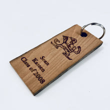 Load image into Gallery viewer, Our Notre Dame Stadium Bench Wood Keychain measures 1.25" x 3.3" x .25".