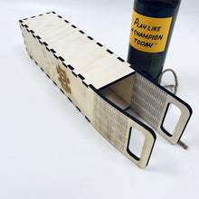 Load image into Gallery viewer, The birch Wine Box is laser cut and engraved, and measures 17" x 4" x 4".