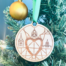 Load image into Gallery viewer, This ornament is made from cherry wood, laser-engraved, and is 3.25" in diameter.