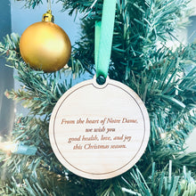 Load image into Gallery viewer, This ornament is made from cherry wood, laser-engraved, and is 3.25" in diameter.