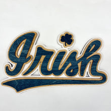 Load image into Gallery viewer, This Notre Dame Blue Irish Desk Accessory measures a perfect 12" x 7" and comes with a custom wooden stand.