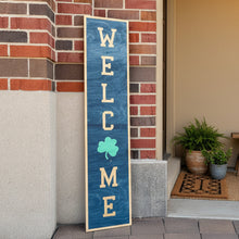 Load image into Gallery viewer, This Notre Dame "Welcome" Porch Leaner is carefully crafted from THREE layers of 1/4" birch, making it extremely sturdy and built to last. Measuring 46" x 10" x 3/4", this Notre Dame Porch Leaner will be clearly visible to all who enter!