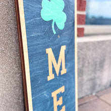 Load image into Gallery viewer, This Notre Dame "Welcome" Porch Leaner is carefully crafted from THREE layers of 1/4" birch, making it extremely sturdy and built to last. Measuring 46" x 10" x 3/4", this Notre Dame Porch Leaner will be clearly visible to all who enter!