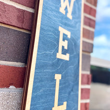 Load image into Gallery viewer, This Notre Dame "Welcome" Porch Leaner is carefully crafted from THREE layers of 1/4" birch, making it extremely sturdy and built to last. Measuring 46" x 10" x 3/4", this Notre Dame Porch Leaner will be clearly visible to all who enter!