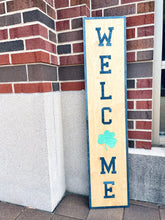 Load image into Gallery viewer, This Notre Dame "Welcome" Porch Leaner  is carefully crafted from THREE layers of 1/4" birch, making it extremely sturdy and built to last. Measuring 46" x 10" x 3/4", this Notre Dame Porch Leaner will be clearly visible to all who enter!