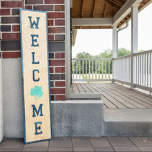 Load image into Gallery viewer, This Notre Dame "Welcome" Porch Leaner is carefully crafted from THREE layers of 1/4" birch, making it extremely sturdy and built to last. Measuring 46" x 10" x 3/4", this Notre Dame Porch Leaner will be clearly visible to all who enter!