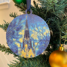 Load image into Gallery viewer, The ornaments are 3 1/4" in diameter and feature beautiful blue, yellow, and gold "painted" photos, imprinted on birch wood.
