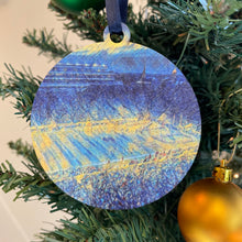 Load image into Gallery viewer, The ornaments are 3 1/4" in diameter and feature beautiful blue, yellow, and gold "painted" photos, imprinted on birch wood.