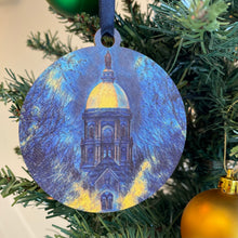 Load image into Gallery viewer, The ornaments are 3 1/4" in diameter and feature beautiful blue, yellow, and gold "painted" photos, imprinted on birch wood.