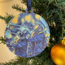 Load image into Gallery viewer, The ornaments are 3 1/4" in diameter and feature beautiful blue, yellow, and gold "painted" photos, imprinted on birch wood.