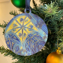 Load image into Gallery viewer, The ornaments are 3 1/4" in diameter and feature beautiful blue, yellow, and gold "painted" photos, imprinted on birch wood.