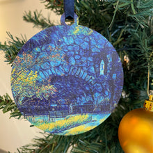 Load image into Gallery viewer, The ornaments are 3 1/4" in diameter and feature beautiful blue, yellow, and gold "painted" photos, imprinted on birch wood.