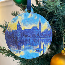 Load image into Gallery viewer, The ornaments are 3 1/4" in diameter and feature beautiful blue, yellow, and gold "painted" photos, imprinted on birch wood.