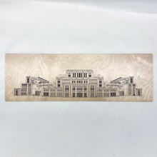 Load image into Gallery viewer, This beautiful Notre Dame Stadium linework is crafted from golden, UV-prefinished 1/2" plywood and features an incredibly detailed linework of Notre Dame Stadium. It measures 28" x 9" and comes with attached hardware.