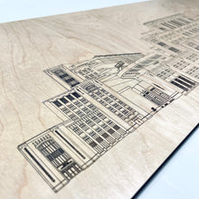 Load image into Gallery viewer, This beautiful Notre Dame Stadium linework is crafted from golden, UV-prefinished 1/2" plywood and features an incredibly detailed linework of Notre Dame Stadium. It measures 28" x 9" and comes with attached hardware.