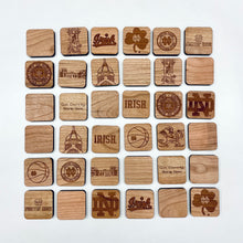 Load image into Gallery viewer, Each 1.75" square piece in this quality wooden game is laser cut from natural cherry, laser-engraved, and finished by hand.