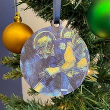 Load image into Gallery viewer, The ornaments are 3 1/4" in diameter and feature beautiful blue, yellow, and gold "painted" photos, imprinted on birch wood.