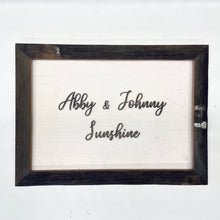 Load image into Gallery viewer, This custom Bride and Groom Sign with Stadium Wood Frame measures 19" x 14" and will be crafted from white-stained birch, natural walnut, and Notre Dame Stadium Bench wood!