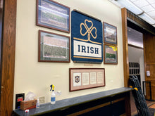 Load image into Gallery viewer, This sign is made with three layers of wood, giving the letters and shamrock an awesome dimensional effect on the solid blue base in which they sit.
