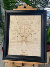 Load image into Gallery viewer, This one-of-a-kind work of art is laser engraved on birch wood. Your names and wedding date are included. The piece measures 21" x 26", including the frame.
