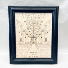 Load image into Gallery viewer, This one-of-a-kind work of art is laser engraved on birch wood. Your names and wedding date are included. The piece measures 21" x 26", including the frame.