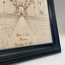 Load image into Gallery viewer, This one-of-a-kind work of art is laser engraved on birch wood. Your names and wedding date are included. The piece measures 21" x 26", including the frame.