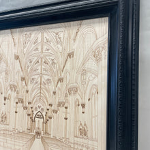 Load image into Gallery viewer, This one-of-a-kind work of art is laser engraved on birch wood. Your names and wedding date are included. The piece measures 21" x 26", including the frame.