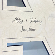 Load image into Gallery viewer, This beautiful Notre Dame Monogram Guest "Book" is crafted from golden, UV-prefinished 1/2" plywood and features a lasered pin-stripe outline. Our Notre Dame Monogram Guest "Book" measures 30" x 30".