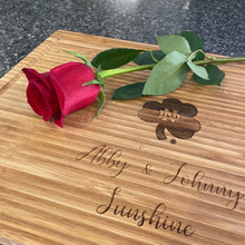 Load image into Gallery viewer, This premium cutting board is made from bamboo and measures 15.75" x 11.75" x .75".