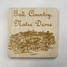 Load image into Gallery viewer, This Notre Dame Stadium Coaster Set is crafted from birch, laser-engraved, and each coaster measures 3.5" x 3.5".