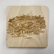 Load image into Gallery viewer, This Notre Dame Stadium Coaster Set is crafted from birch, laser-engraved, and each coaster measures 3.5" x 3.5".